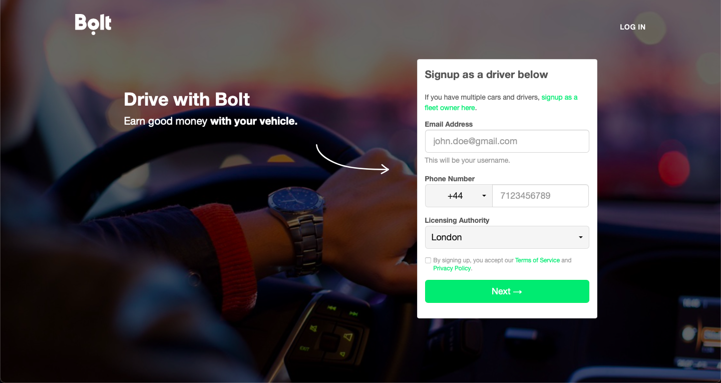 bolt drivers landing page