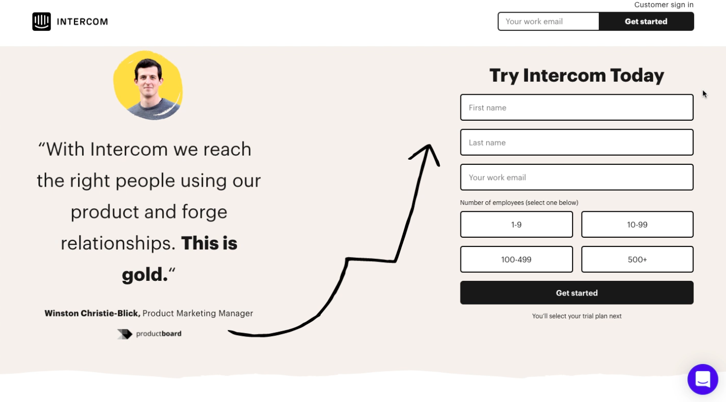 intercom landing page example 2