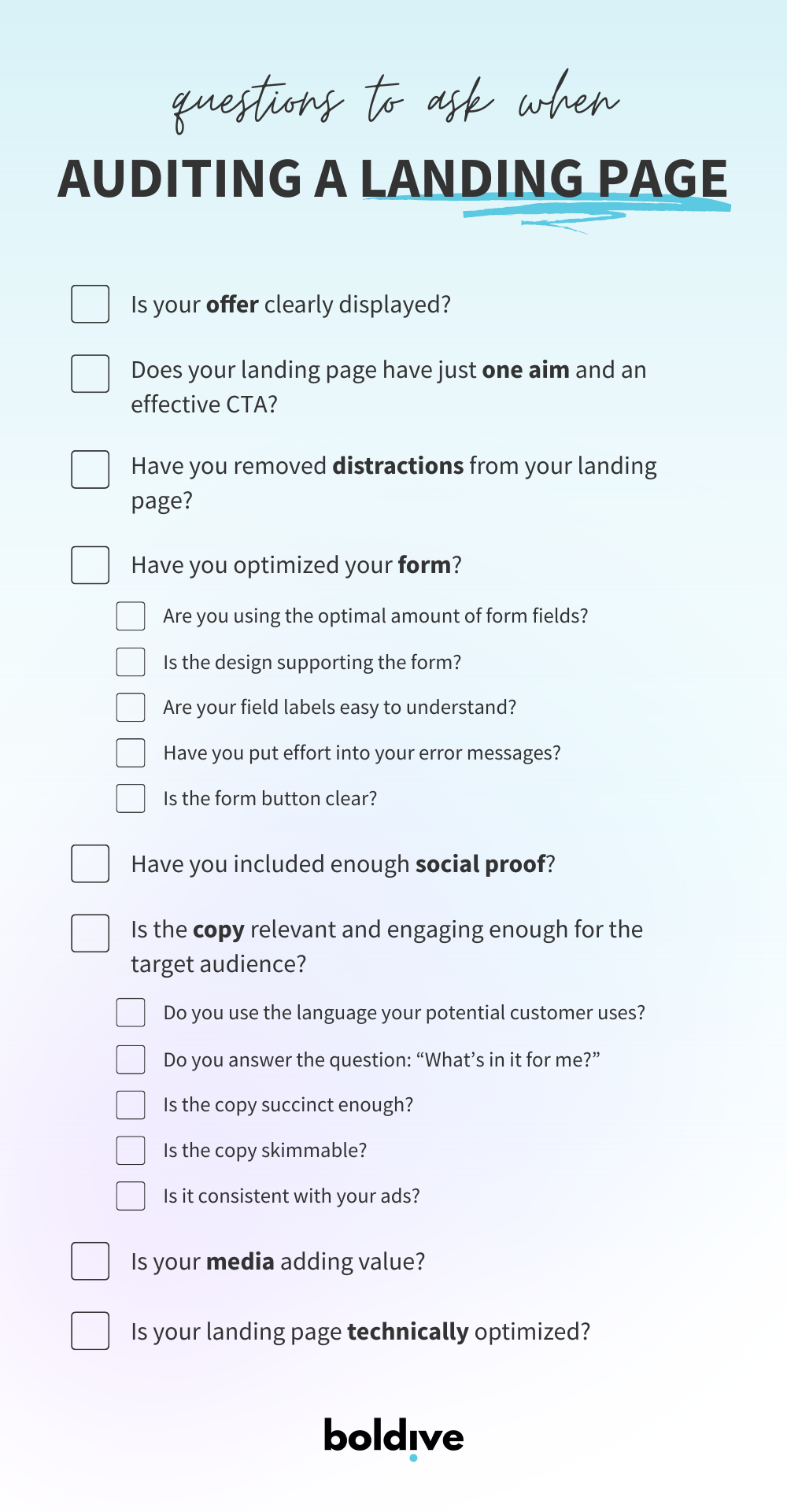 diy landing page audit questions